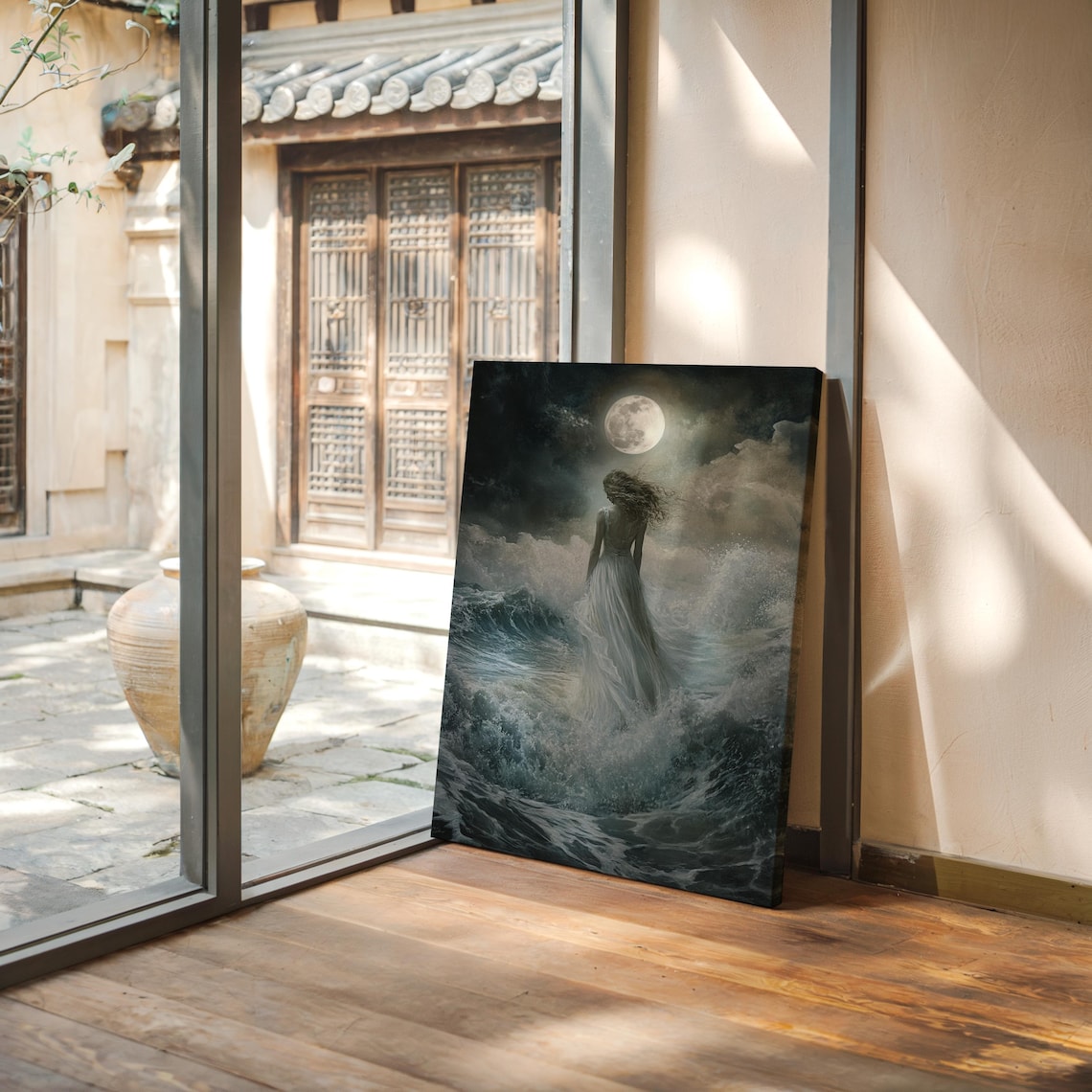 Moonlit Ocean Woman in White Dress, Coastal Art Print - Image 4