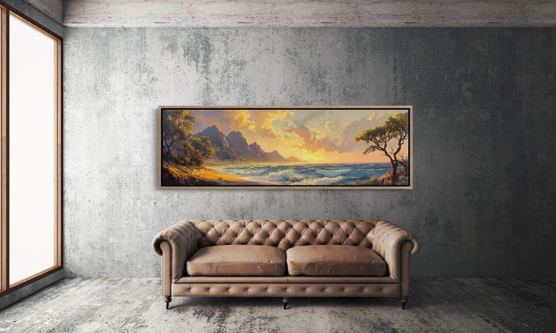 Golden Sunset Ocean Panorama With Mountains Waves Beach Nature Poster - Image 3