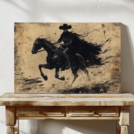 Skeleton Cowboy Riding Horse On Aged Parchment Dark Western Ink Poster