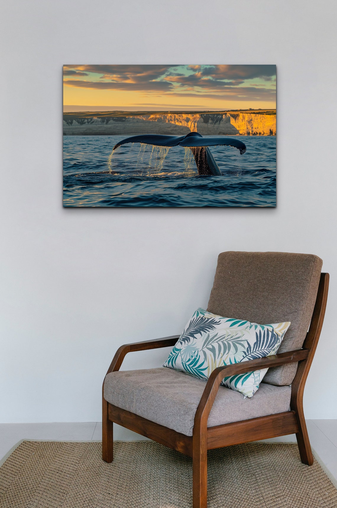 Whale Fluke Splashing at Golden Sunset Sea Cliffs Ocean Poster - Image 4