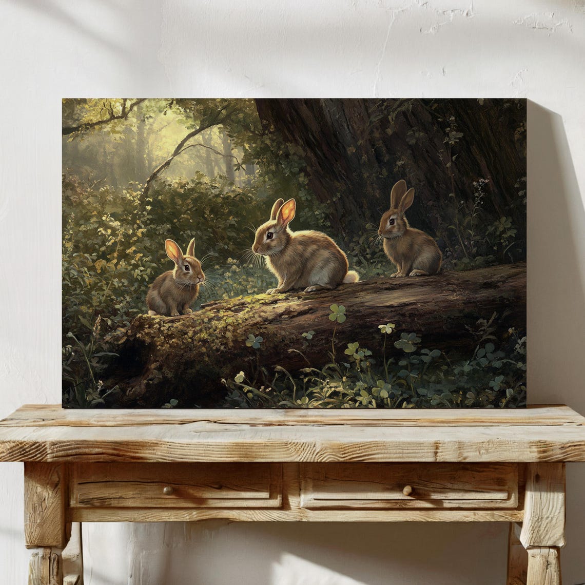 Three Rabbits on Mossy Log in Sunlit Forest Wildlife Painting Wall Art - Image 7