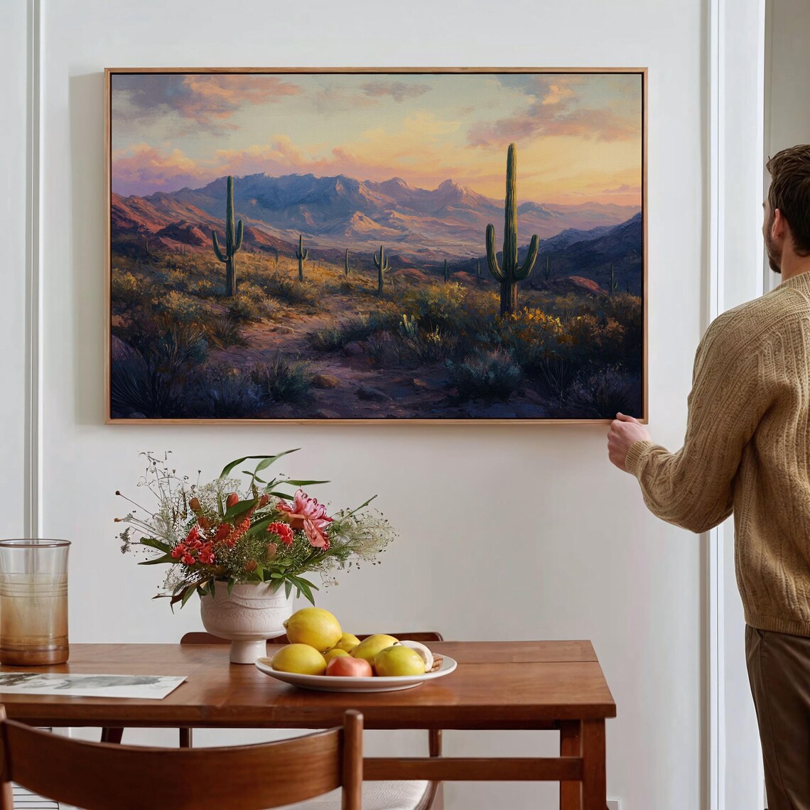 Desert Mountain Saguaro Sunset Vintage Oil Painting Landscape Poster
