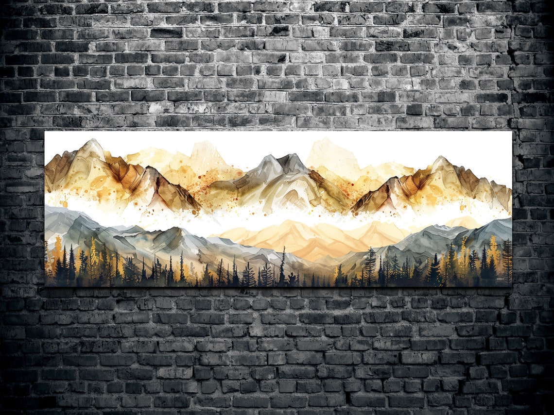 Mist Covered Mountains Gray Gold Panoramic Watercolor Poster - Image 2