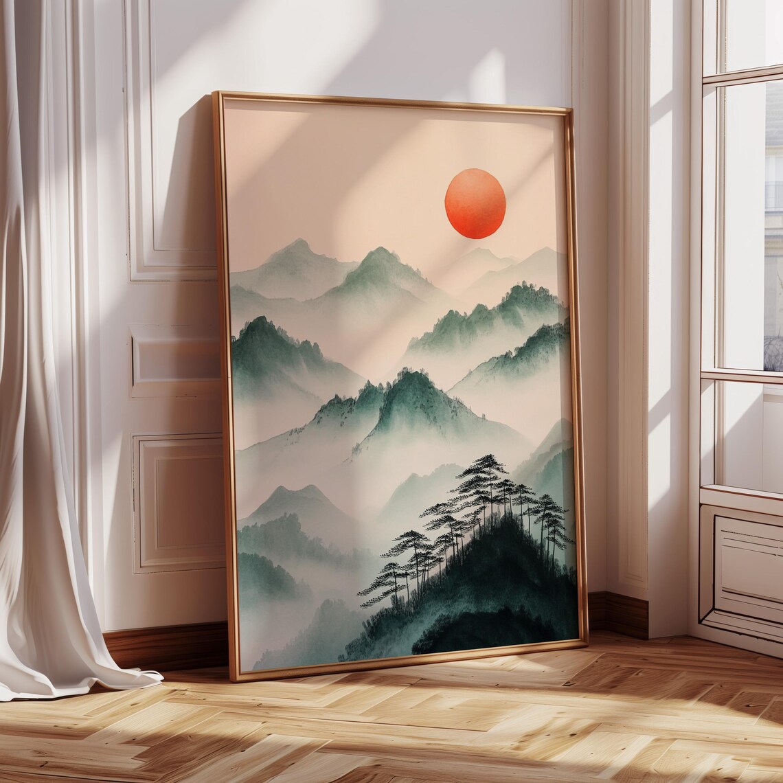 Japanese Sumi-E Mountain Print, Red Sun Landscape - Image 5
