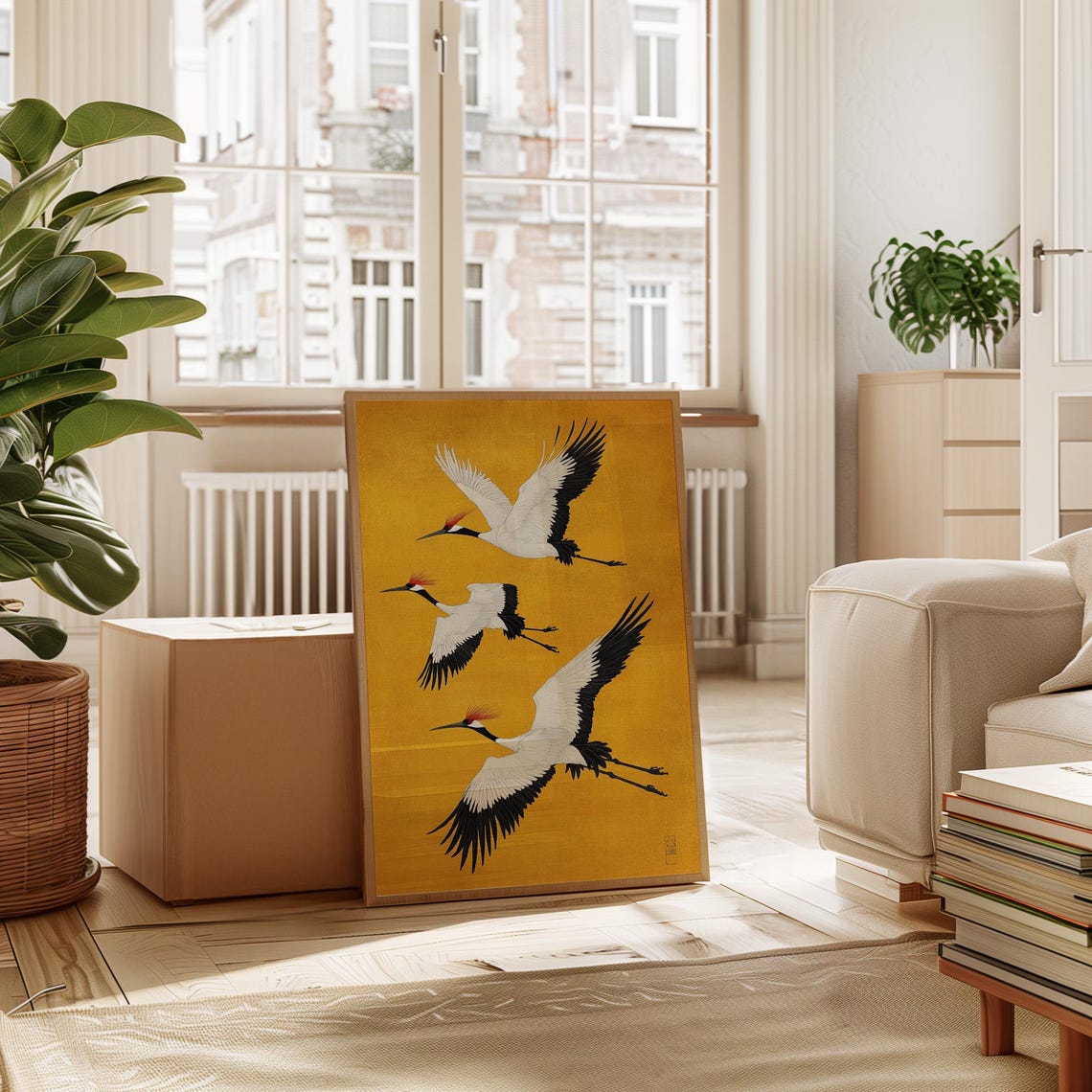 Three Red Crowned Cranes in Flight Gold Leaf Japanese Art Poster - Image 2
