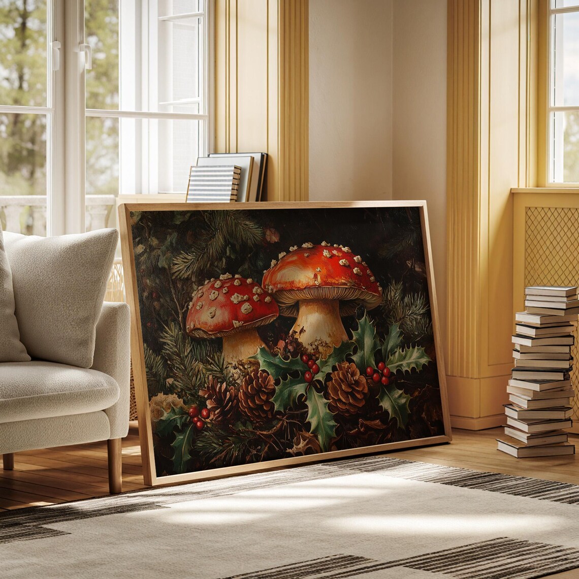 Red Fly Agaric Mushrooms Holly Berries Pinecones Dark Woodland Poster - Image 5