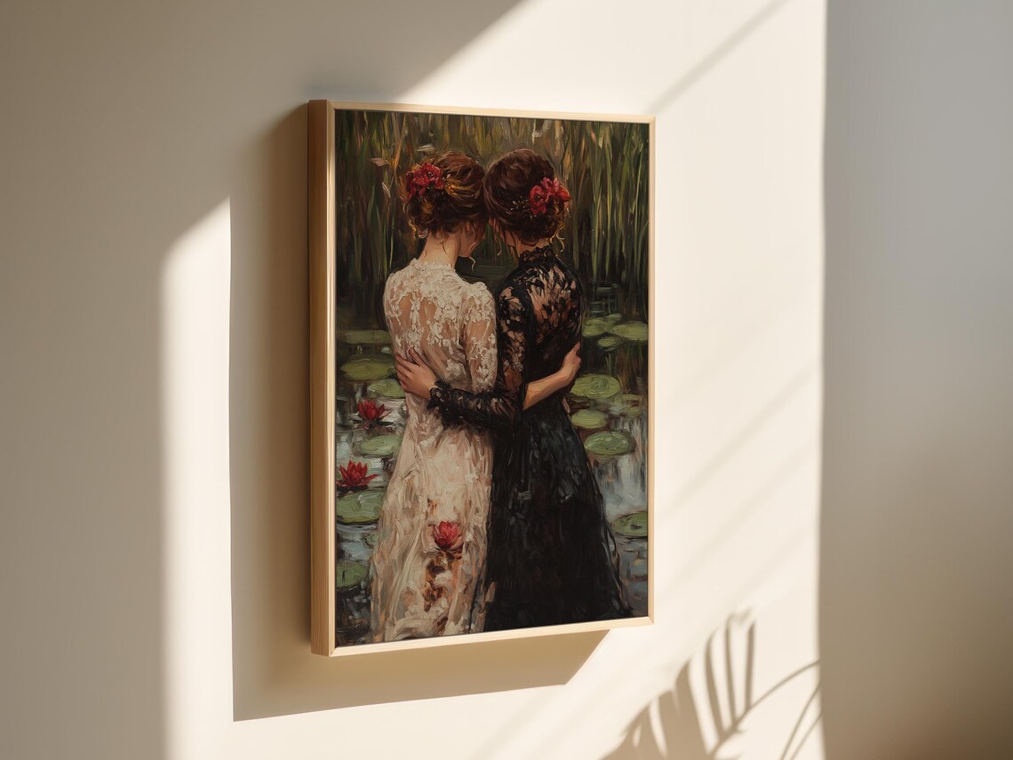 Two Women Embracing at a Lily Pond Romantic Vintage Oil Painting Print - Image 3