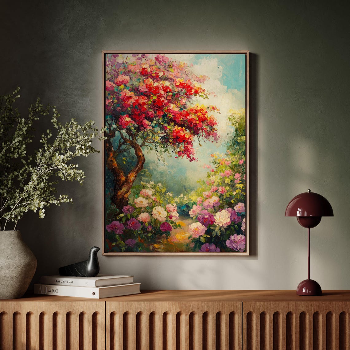 Blooming Red Blossom Tree Turquoise Sky Impressionist Garden Poster - Image 5