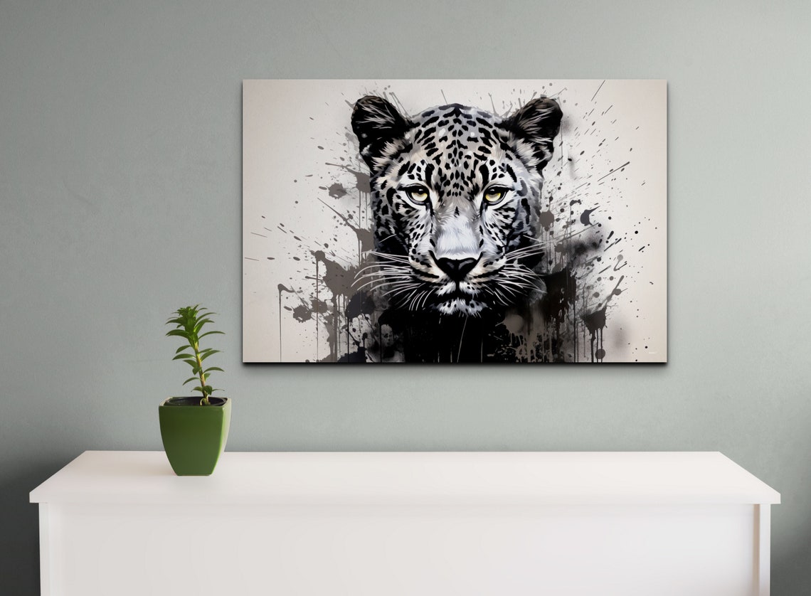 Leopard Portrait in Dramatic Black and White Splash Paint Style Poster - Image 6