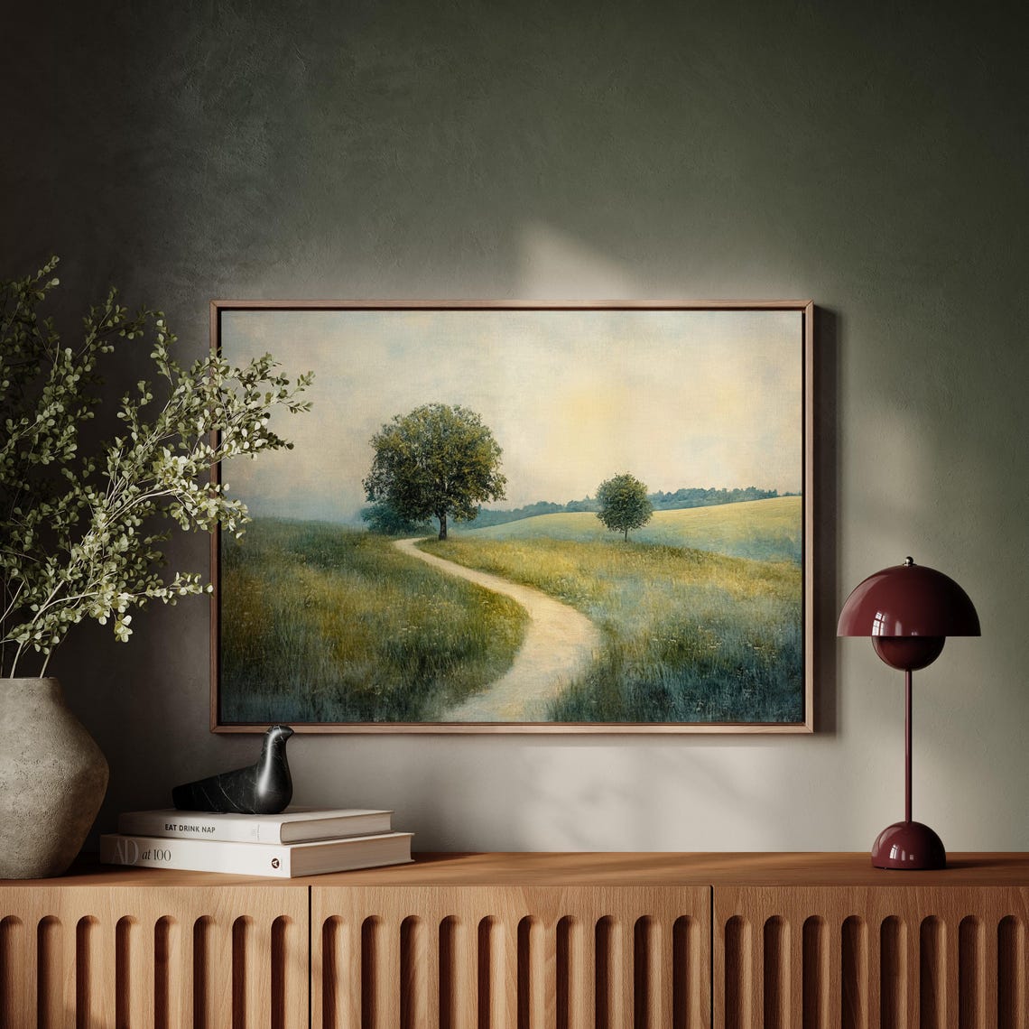 Lone Tree by Winding Meadow Path Vintage Landscape Painting Poster - Image 3
