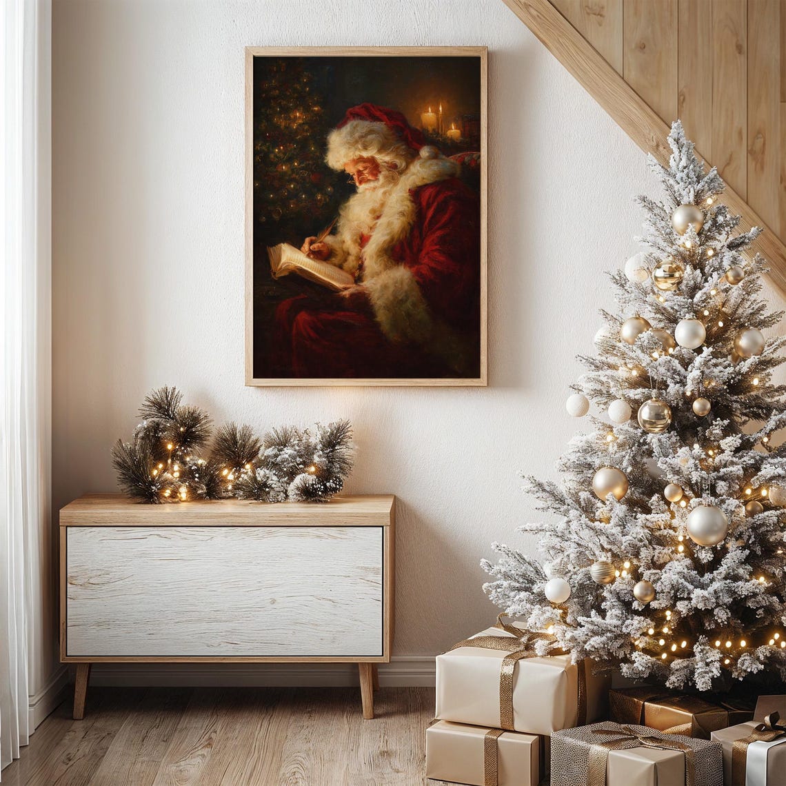 Santa Claus Writing His List By Candlelight Vintage Art Poster