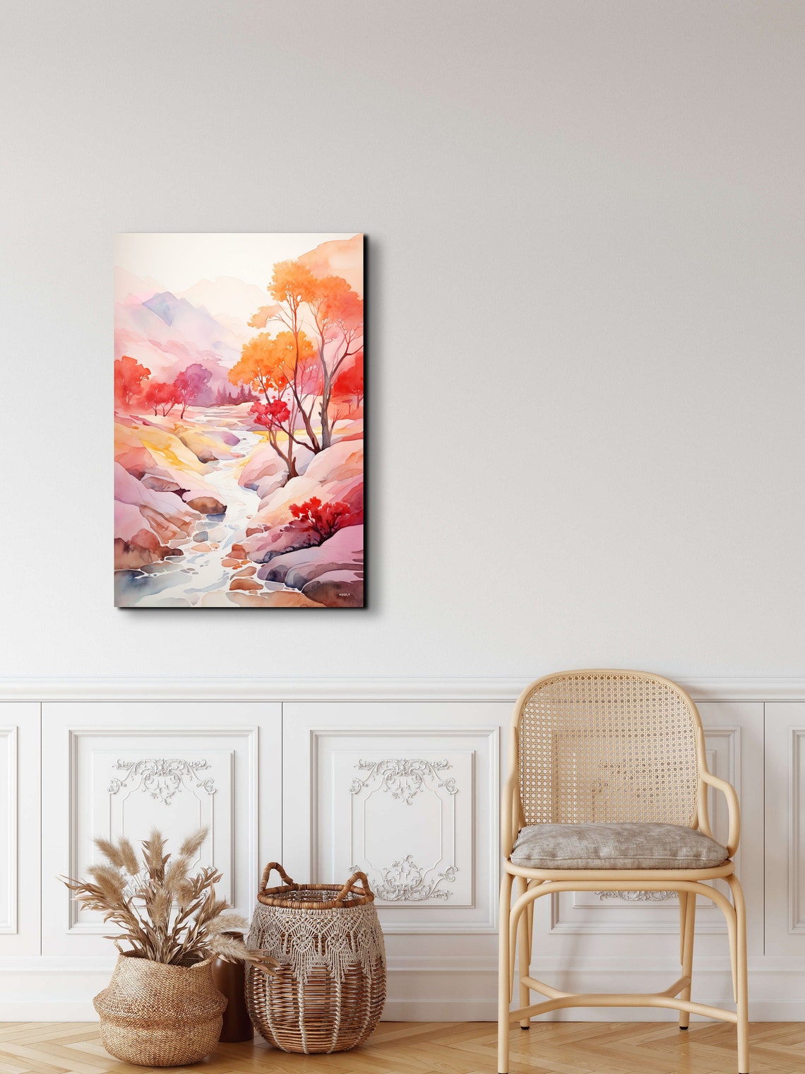 Autumn Stream Through Pink And Orange Trees Watercolor Poster - Image 5