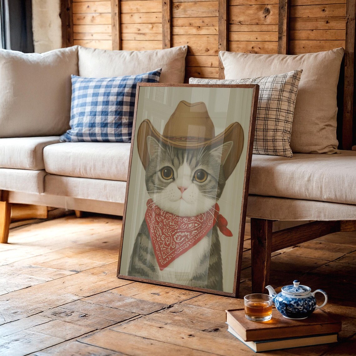 Cowboy Cat Portrait Western Hat And Bandana Tabby Art Poster