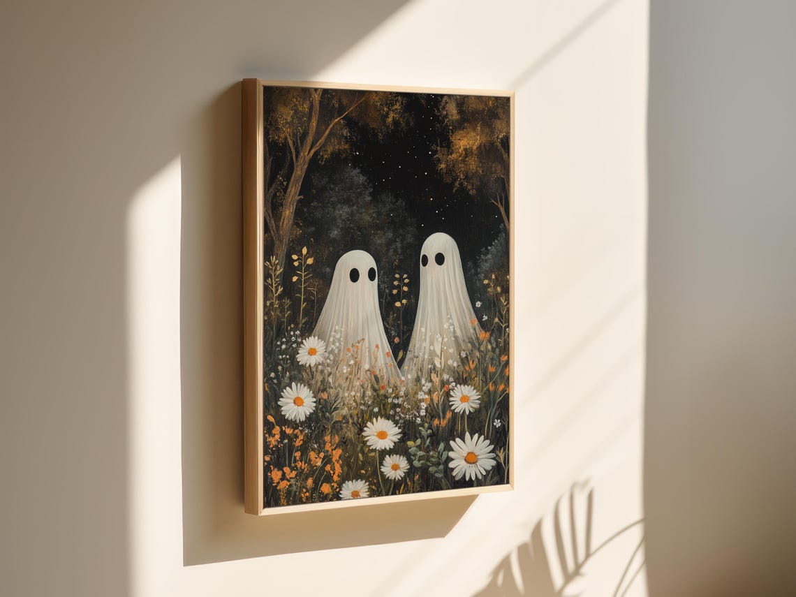 Two Cute Ghosts In Wildflower Night Meadow Under Starry Sky Poster - Image 4