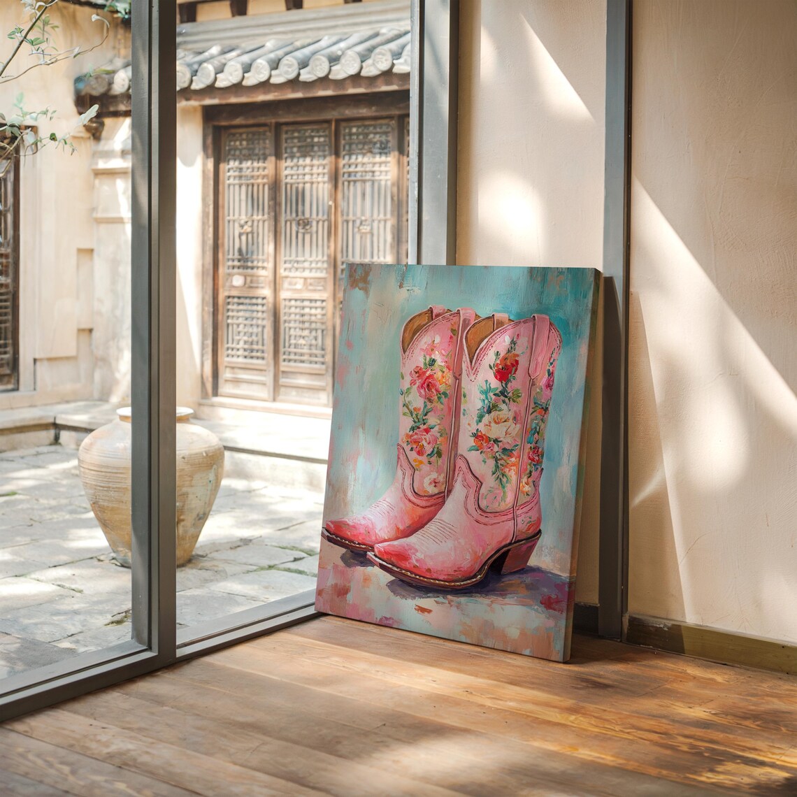 Pink Floral Cowgirl Boots on Turquoise Western Style Wall Poster - Image 2