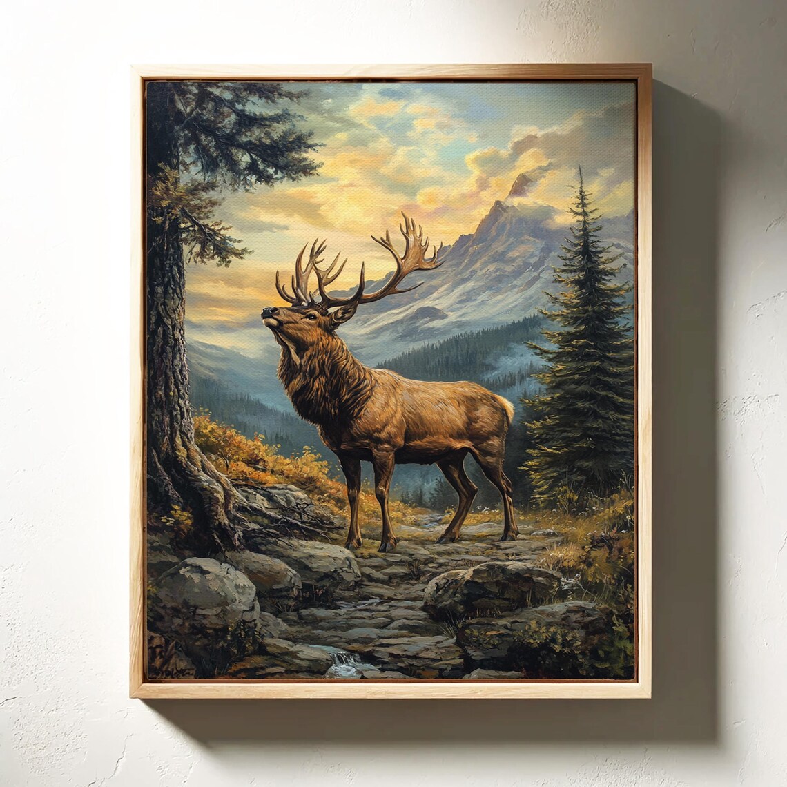 Majestic Elk, Wilderness Wildlife Scene Vintage Oil Painting - Image 3