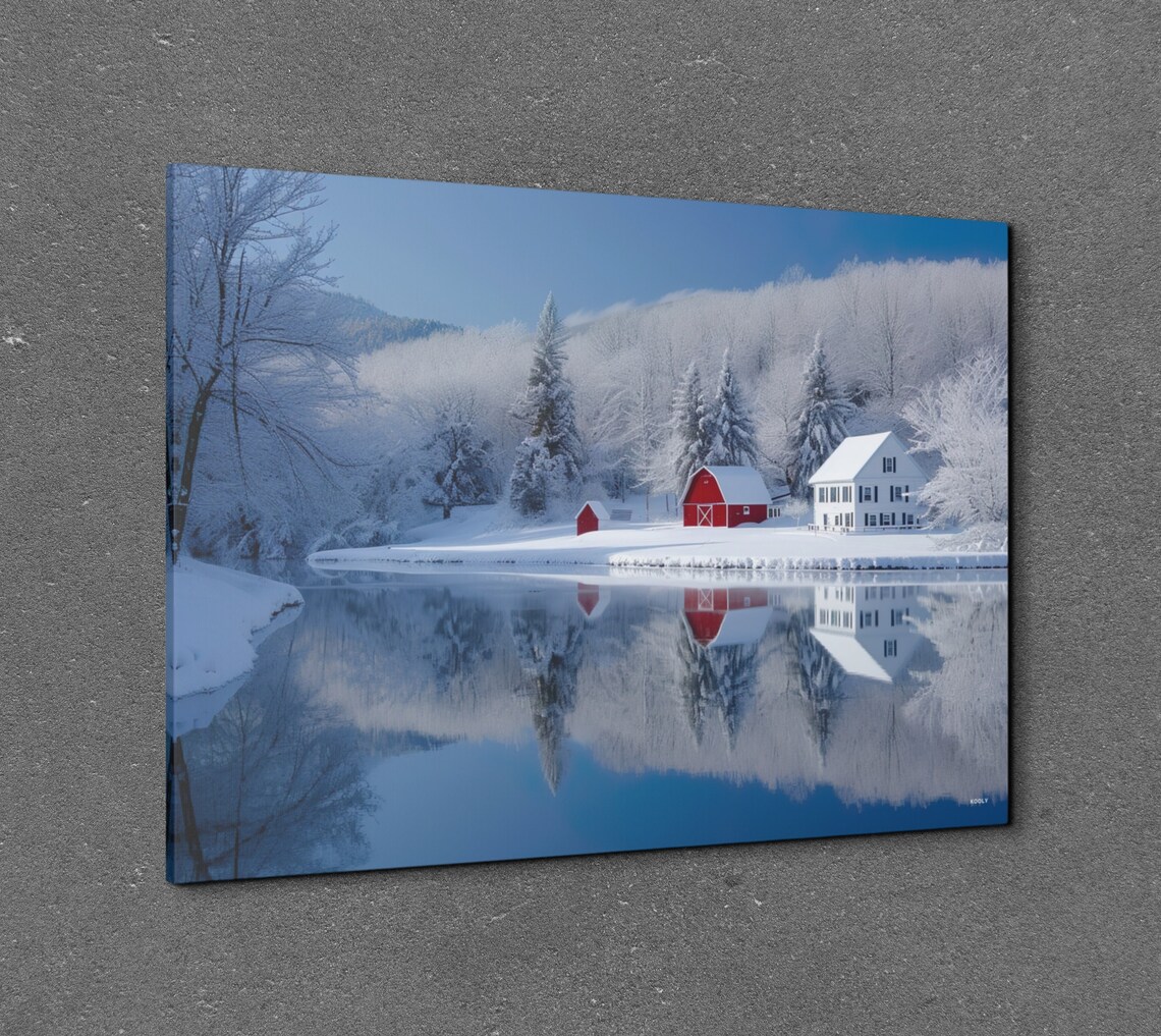Snowy Red Barn and Farmhouse Mirror Lake Winter Scene Poster - Image 4