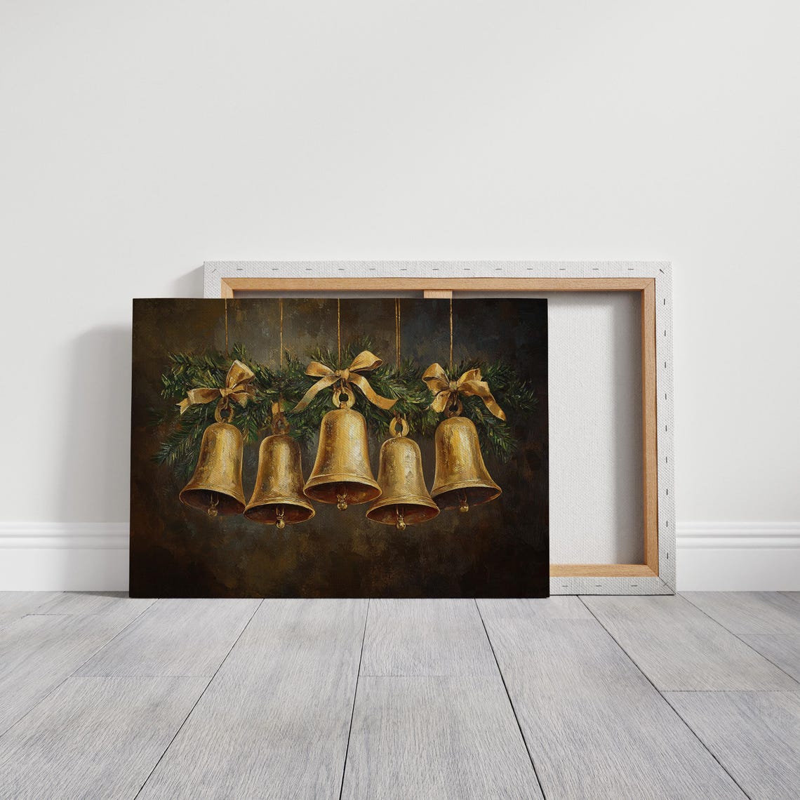 Golden Christmas Bells With Bows And Pine On Dark Vintage Wall Art - Image 5