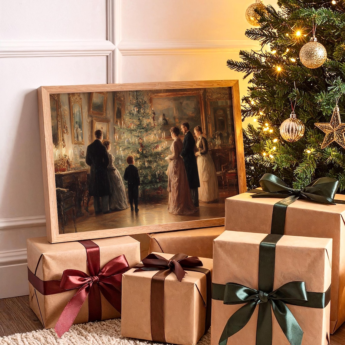 Victorian Family Gathering Around Candlelit Christmas Tree Poster