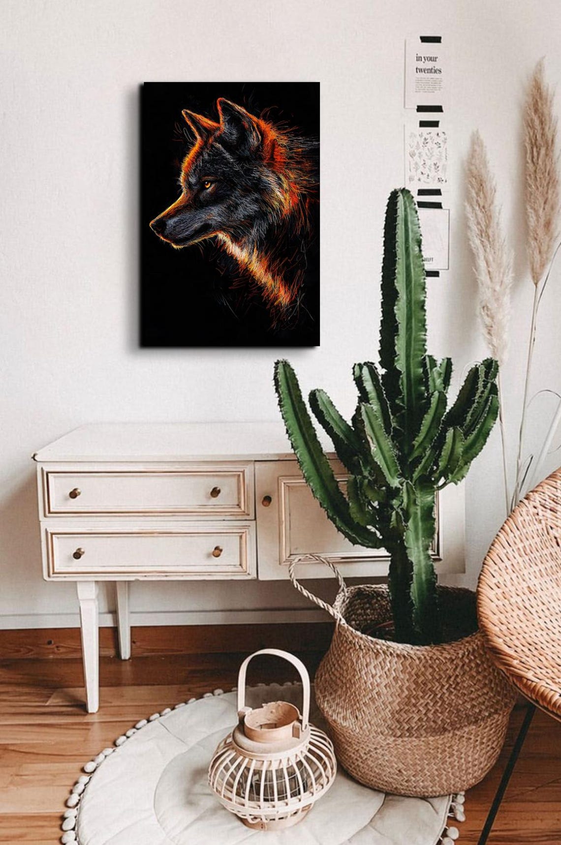 Fiery Orange Wolf Head Line Art on Dark Black Background Poster - Image 5