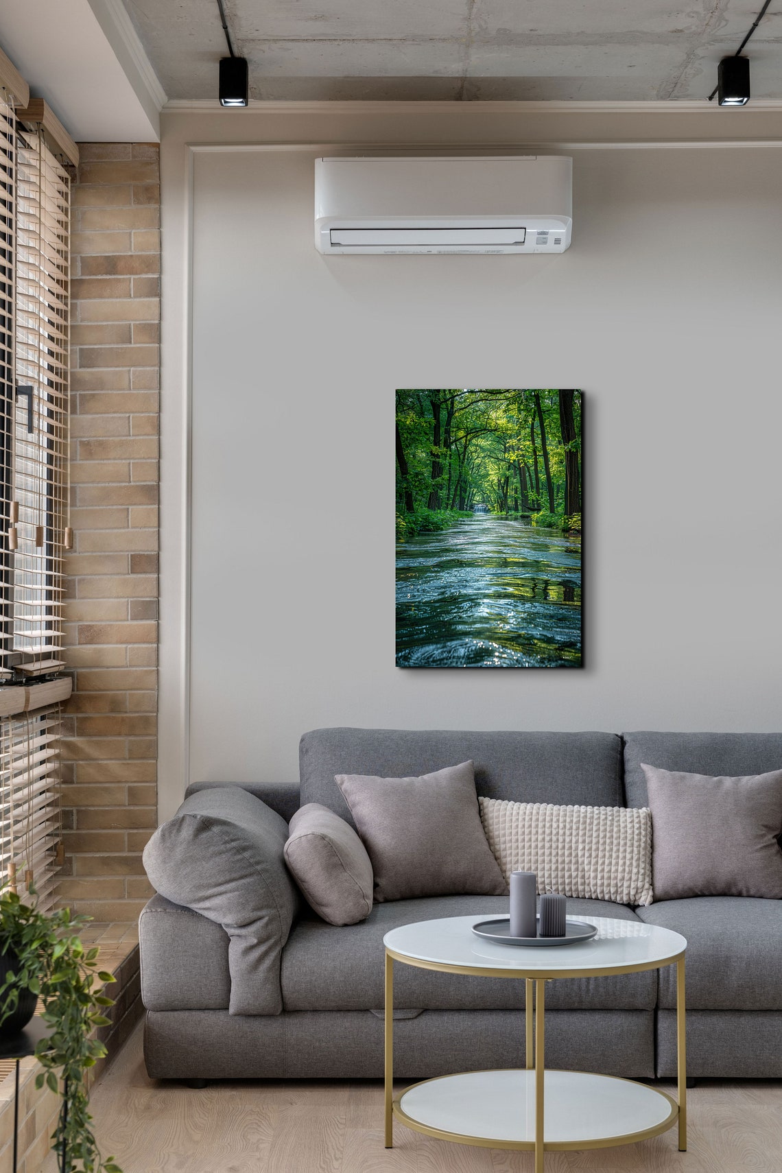 Peaceful Morning River Flowing Through a Sunlit Green Forest Poster - Image 3