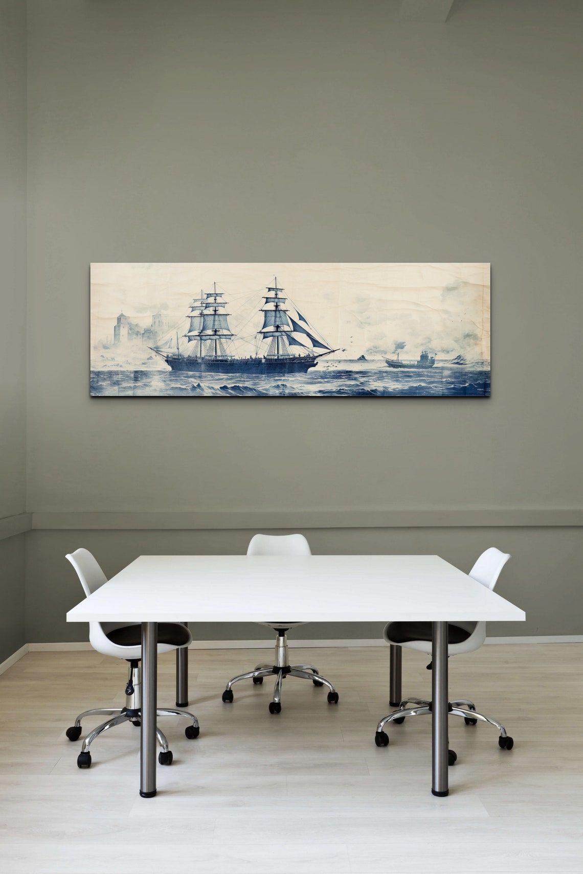 Vintage Pirate Ship Blue Ink Sketch On Stormy Sea Panorama Poster - Image 4