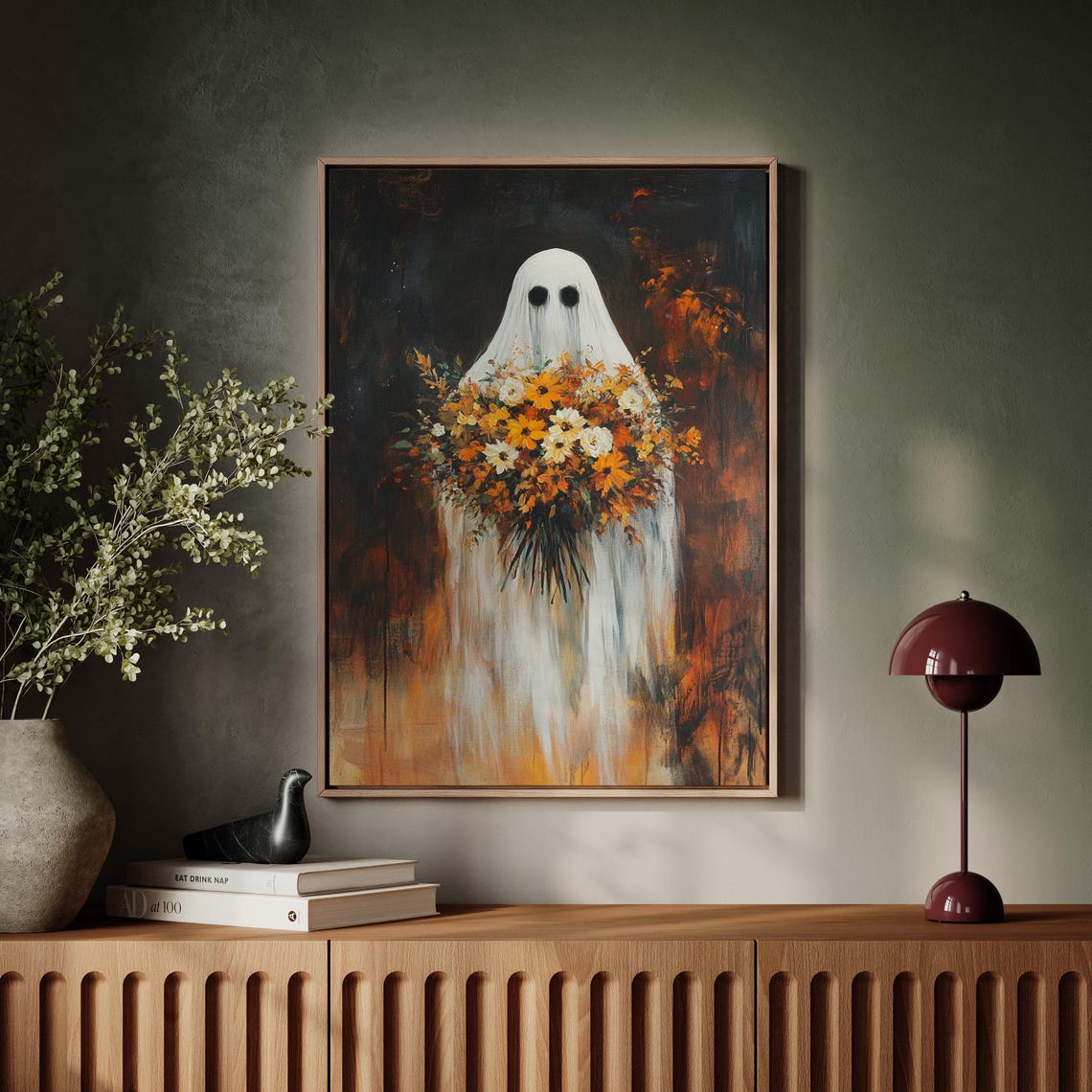 Ghost Holding Autumn Bouquet Rustic Halloween Floral Art Poster - Image 7