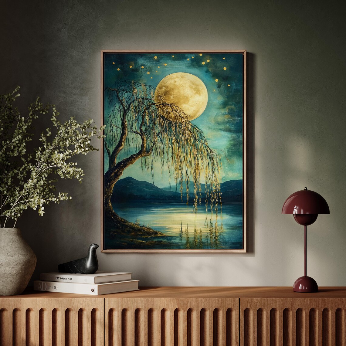 Moonlit Willow Tree, Serene Nature Wall Art - Image 3