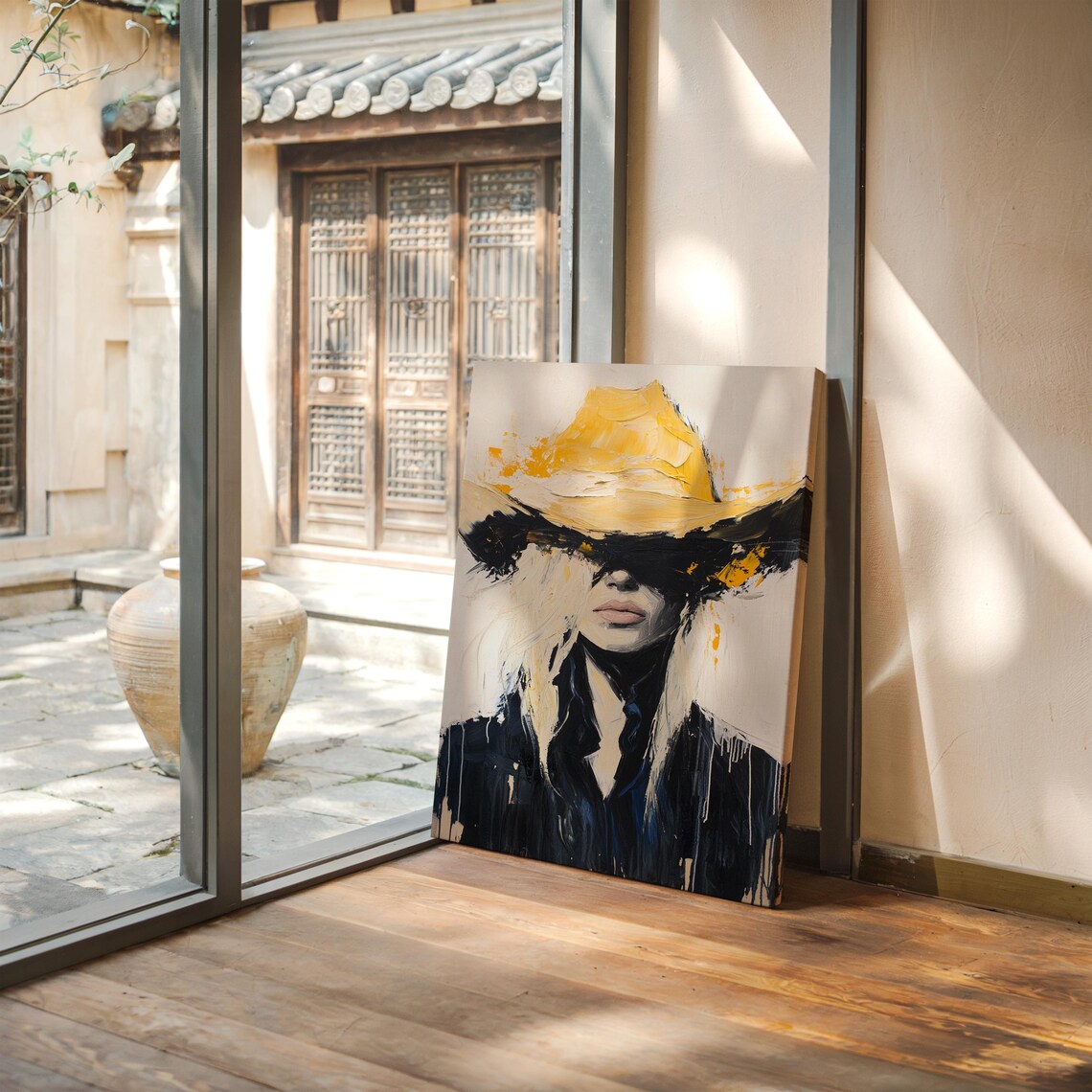 Bold Modern Abstract Cowgirl Portrait in a Yellow Hat Fashion Poster - Image 3
