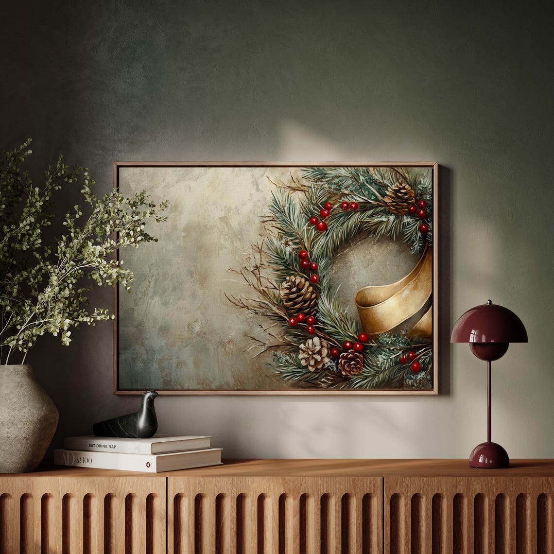 Evergreen Pine Wreath With Gold Ribbon Berries Christmas Wall Poster