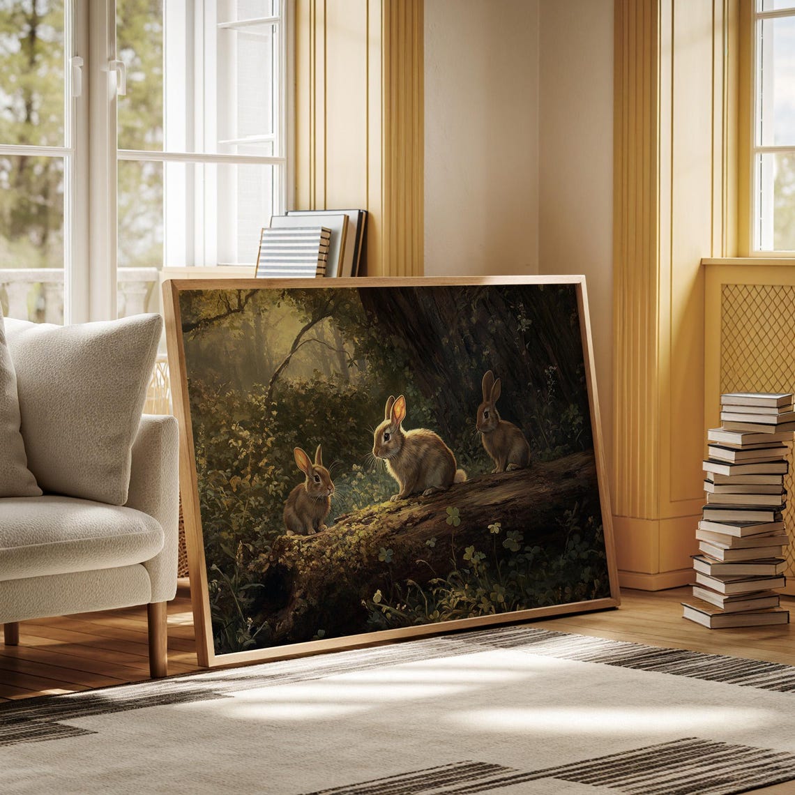 Three Rabbits on Mossy Log in Sunlit Forest Wildlife Painting Wall Art - Image 4