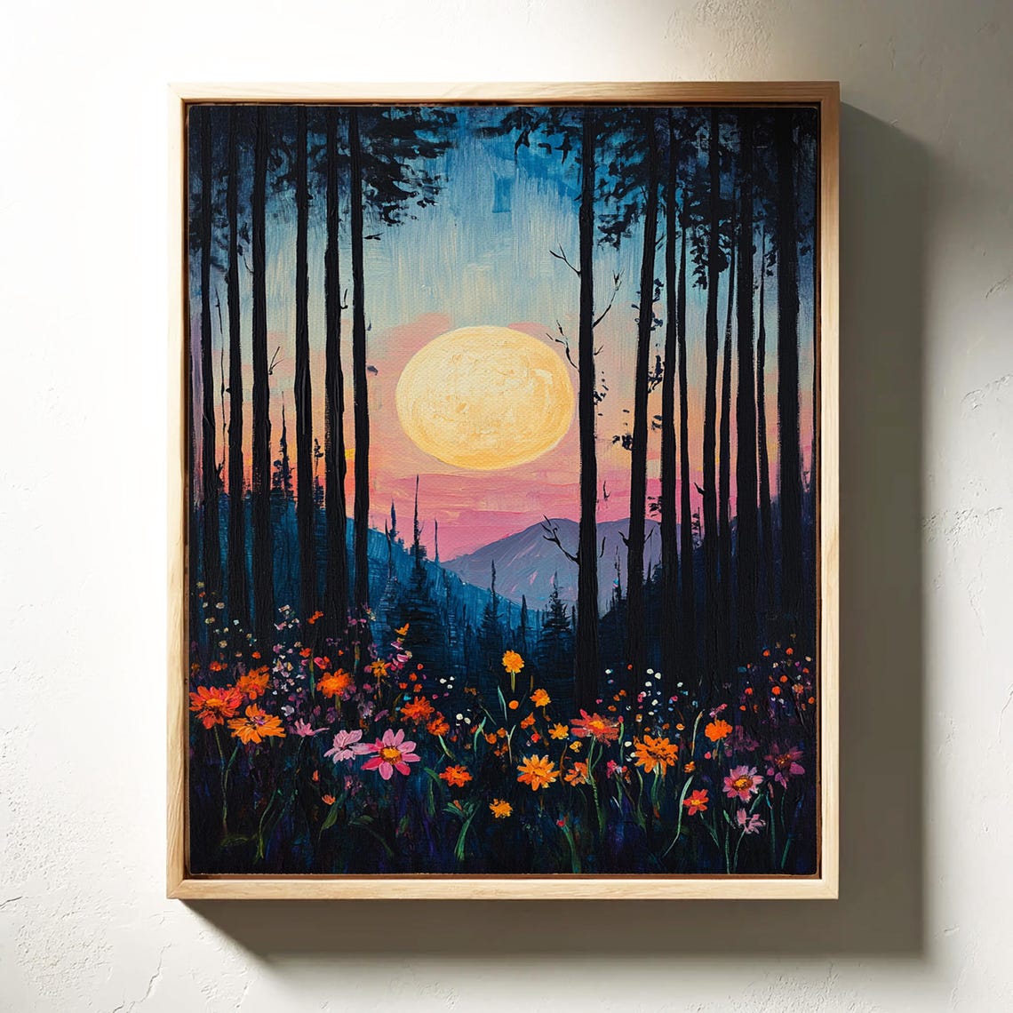 Full Moon Over Wildflower Forest Vibrant Sunset Mountain Poster - Image 6