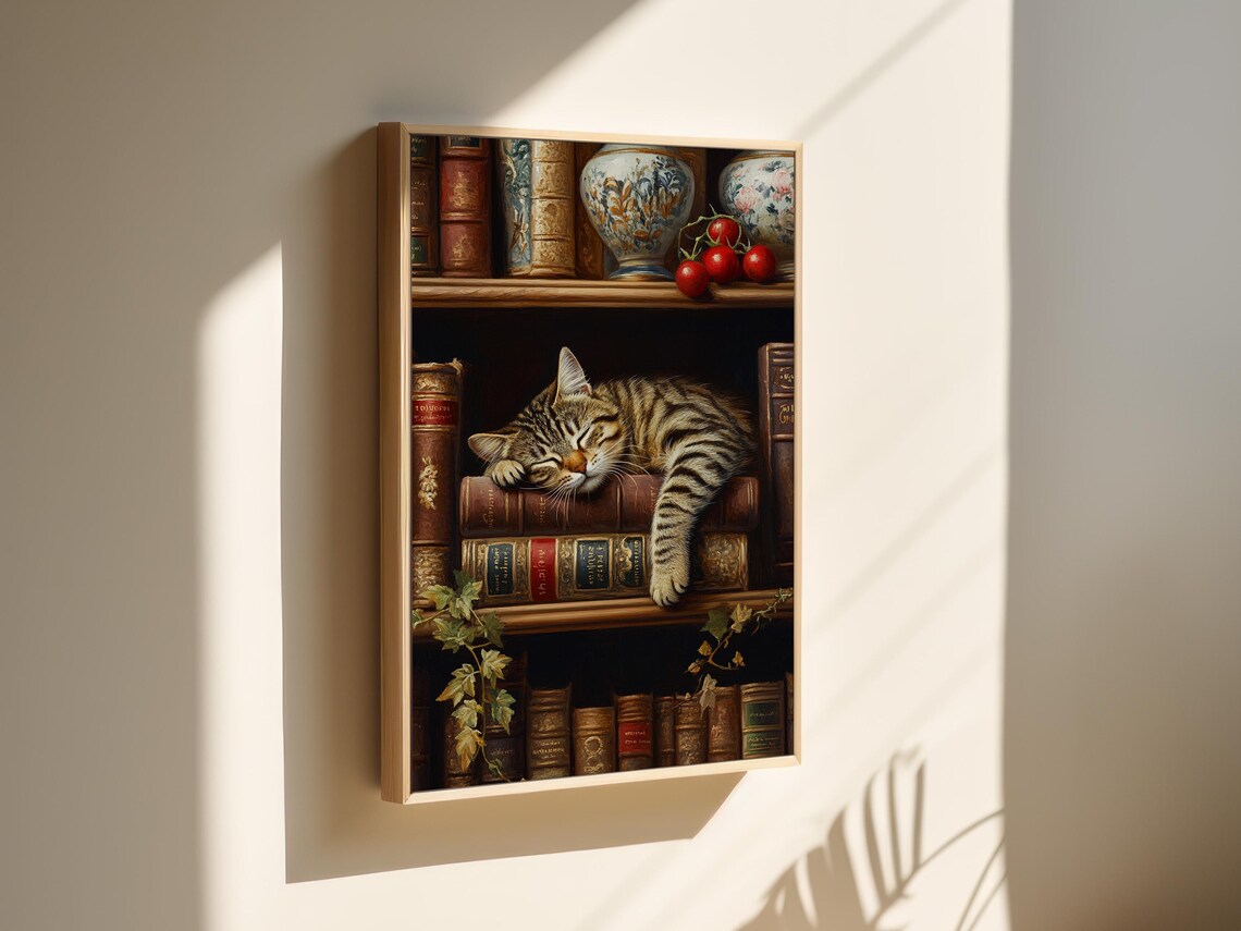 Sleeping Tabby Cat On Bookshelf Vintage Art Print - Image 5