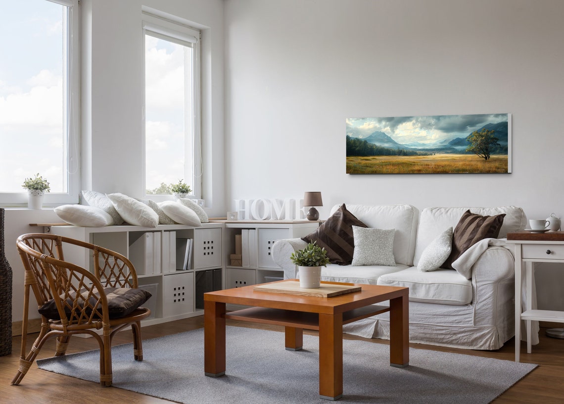 Cloudy Mountain Valley Golden Meadow Lone Tree Landscape Wall Poster - Image 4
