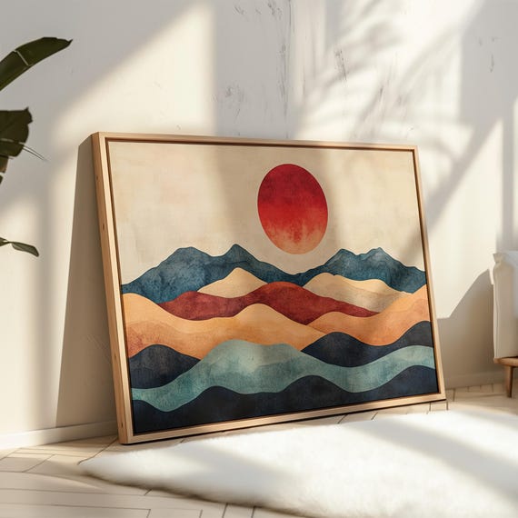 Abstract Sunset Over Minimalist Mountains Canvas Wall Art Mid Century Modern Geometric Landscape Painting