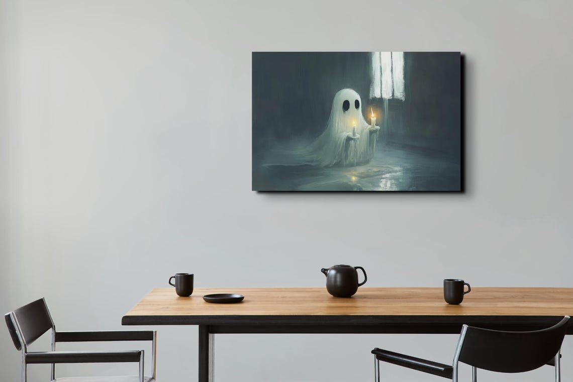 Sheet Ghost With Glowing Candles in a Quiet Dark Room at Night Poster - Image 5