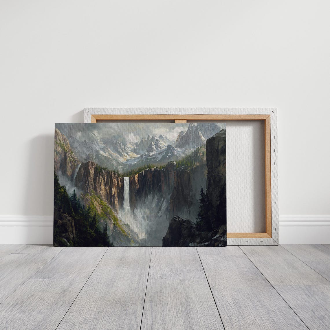 Mountain Waterfall Majestic Wilderness Wall Art Misty Cliff Landscape Scenic Nature Painting Adventure Home Decor - Image 3