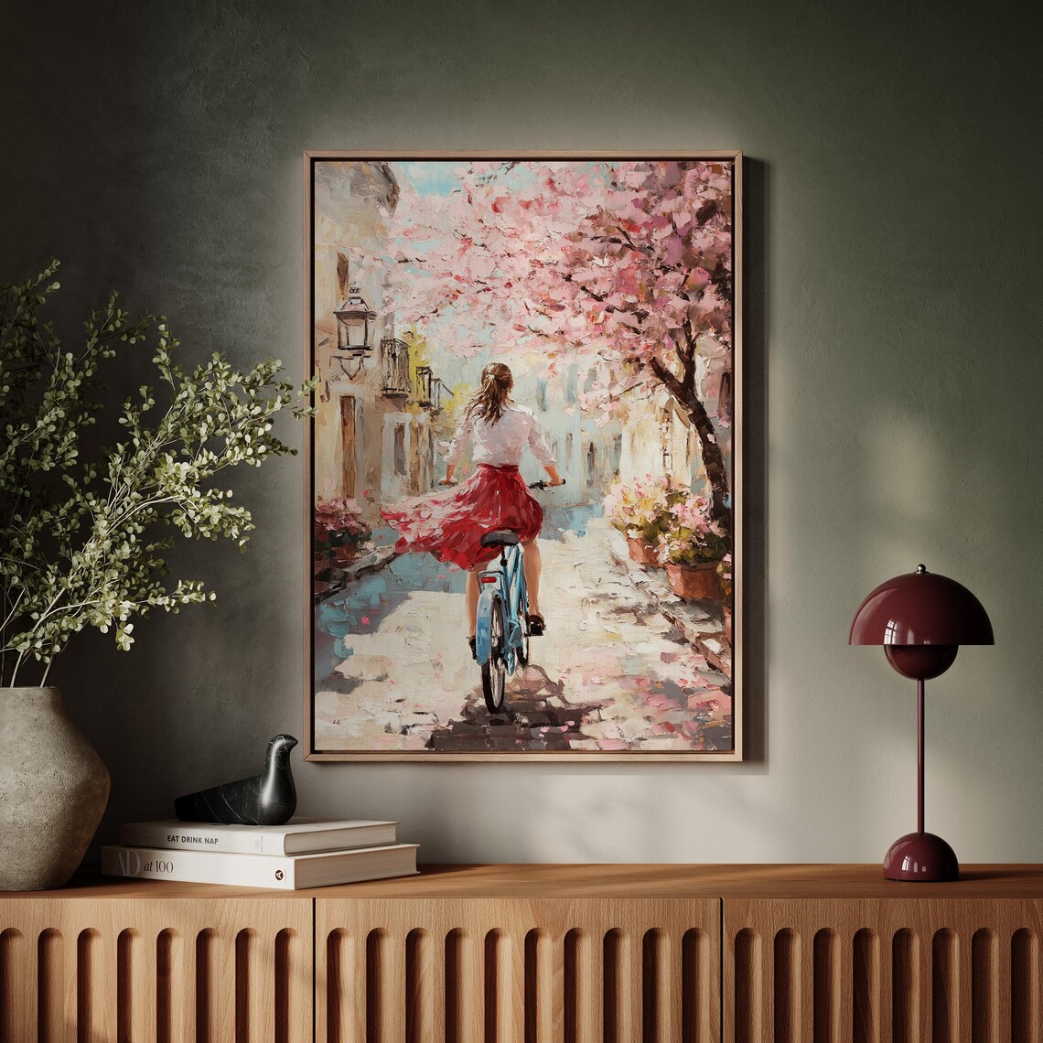 Spring Cherry Blossom Lane Woman Cycling Oil Painting Poster - Image 5