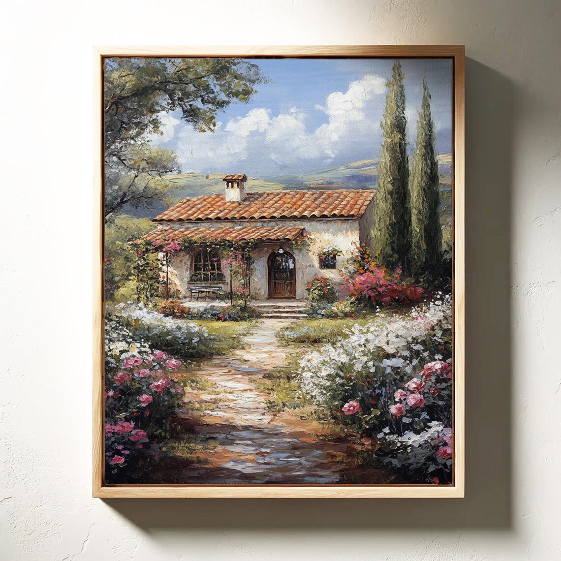 Tuscan Cottage With Terracotta Roof Cypress Trees Flower Garden Poster - Image 4