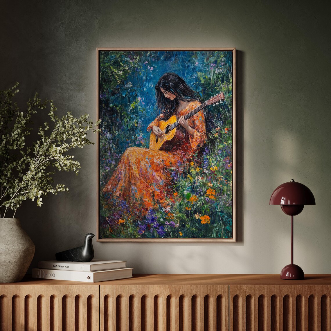 Woman Playing Guitar in a Vibrant Garden, Art Print - Image 7