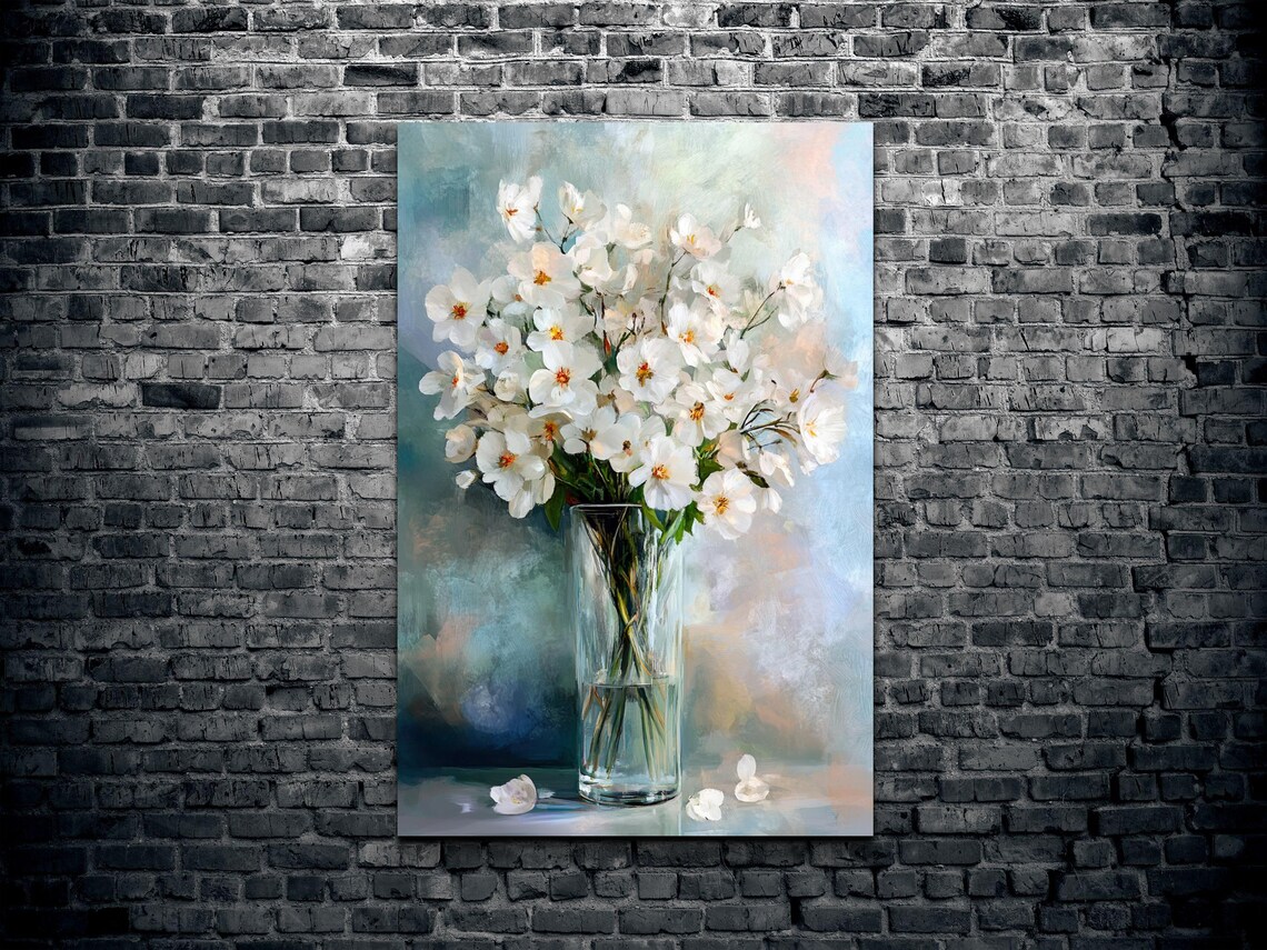 White Blossom Bouquet in Glass Vase Soft Floral Still Life Poster - Image 2