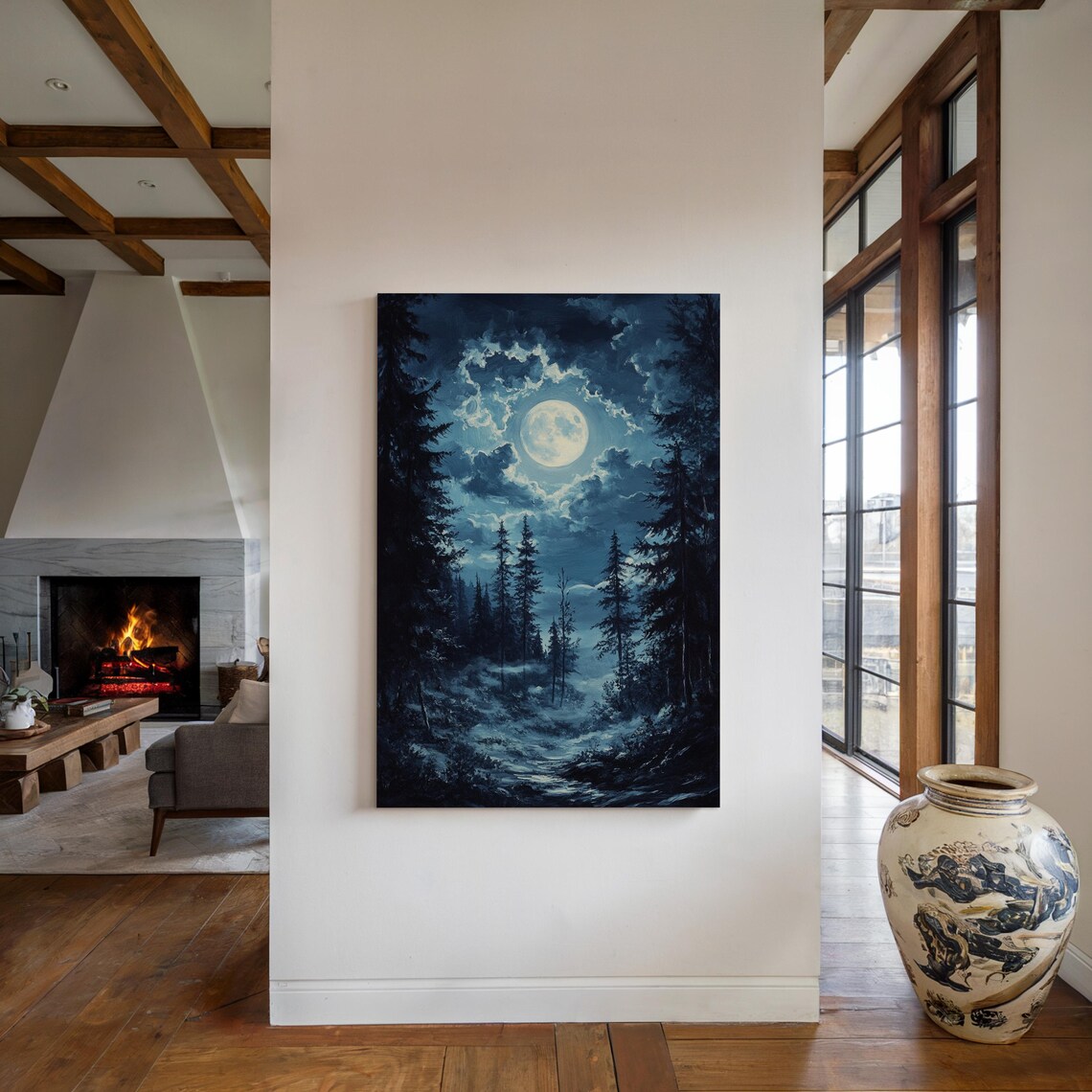 Ethereal Moonlit Forest Mystical Night Landscape With Full Moon Tall Pines And Serene Sky For Unique Wall Art Dcor - Image 3