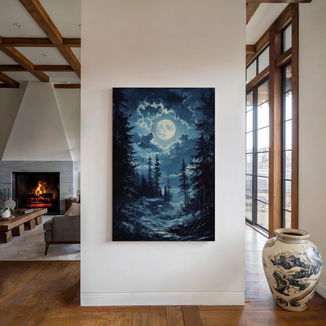 Full Moon Over Moonlit Pine Forest Blue Night Clouds Wall Art - Image 3