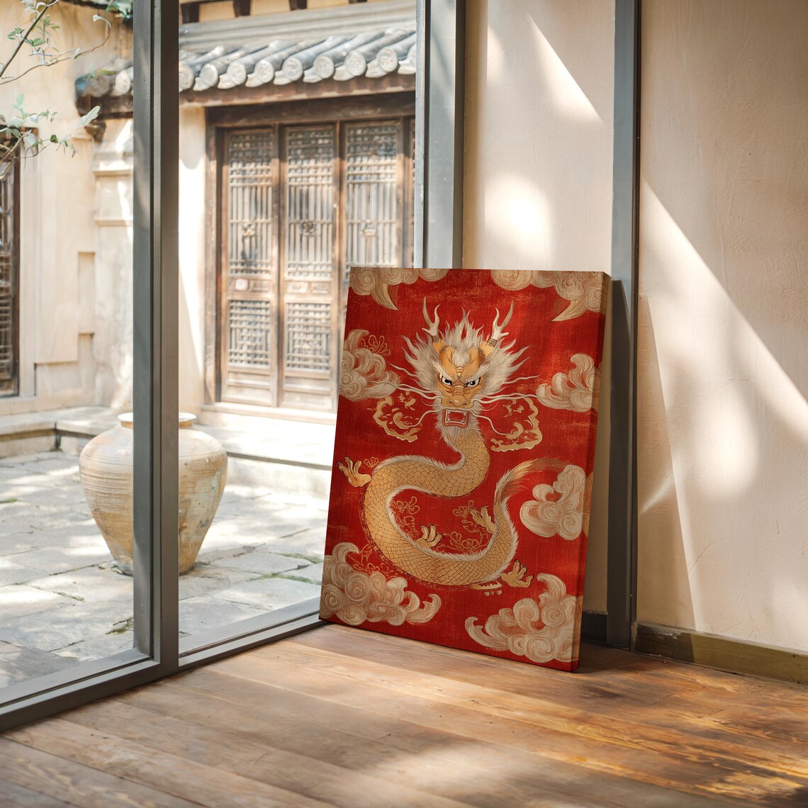 Golden Chinese Dragon On Red Silk With Traditional Cloud Motifs Wall Art - Image 7