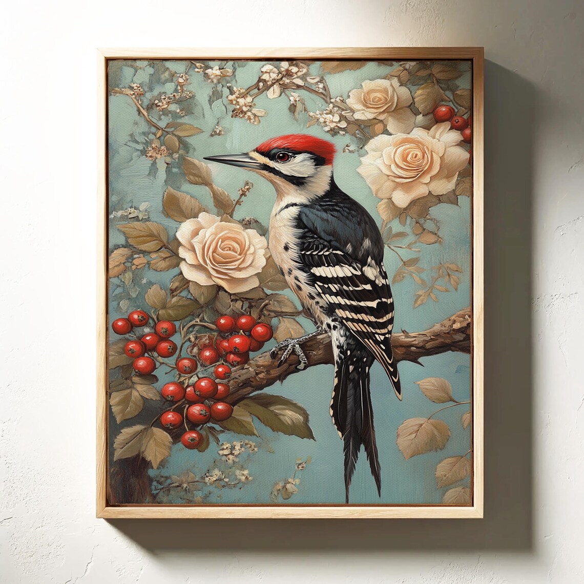 Woodpecker Vintage Nature Bird Painting Roses Berries Teal Poster - Image 7