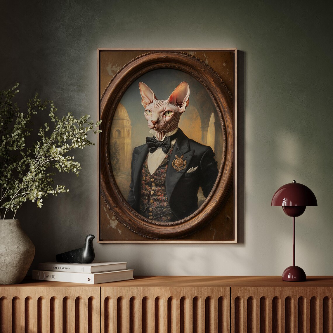 Regal Sphynx Cat Portrait Tuxedo Bow Tie Vintage Whimsical Feline Art Poster