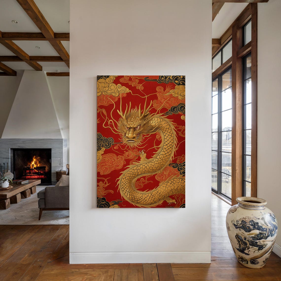 Majestic Golden Chinese Dragon With Clouds On Crimson Red Wall Art - Image 3