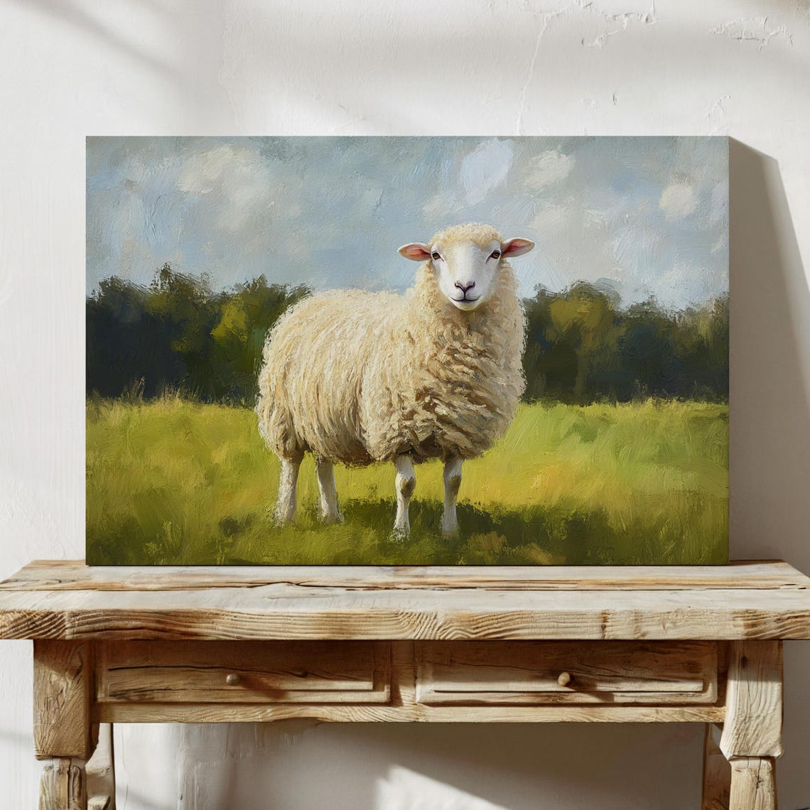 Fluffy White Sheep Smiling in Green Pasture Farm Painting Poster - Image 5
