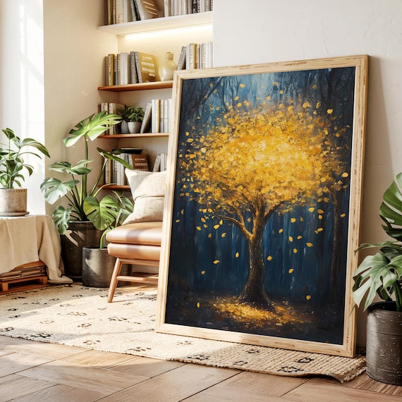 Glowing Golden Autumn Tree Dark Forest Oil Painting Fall Poster