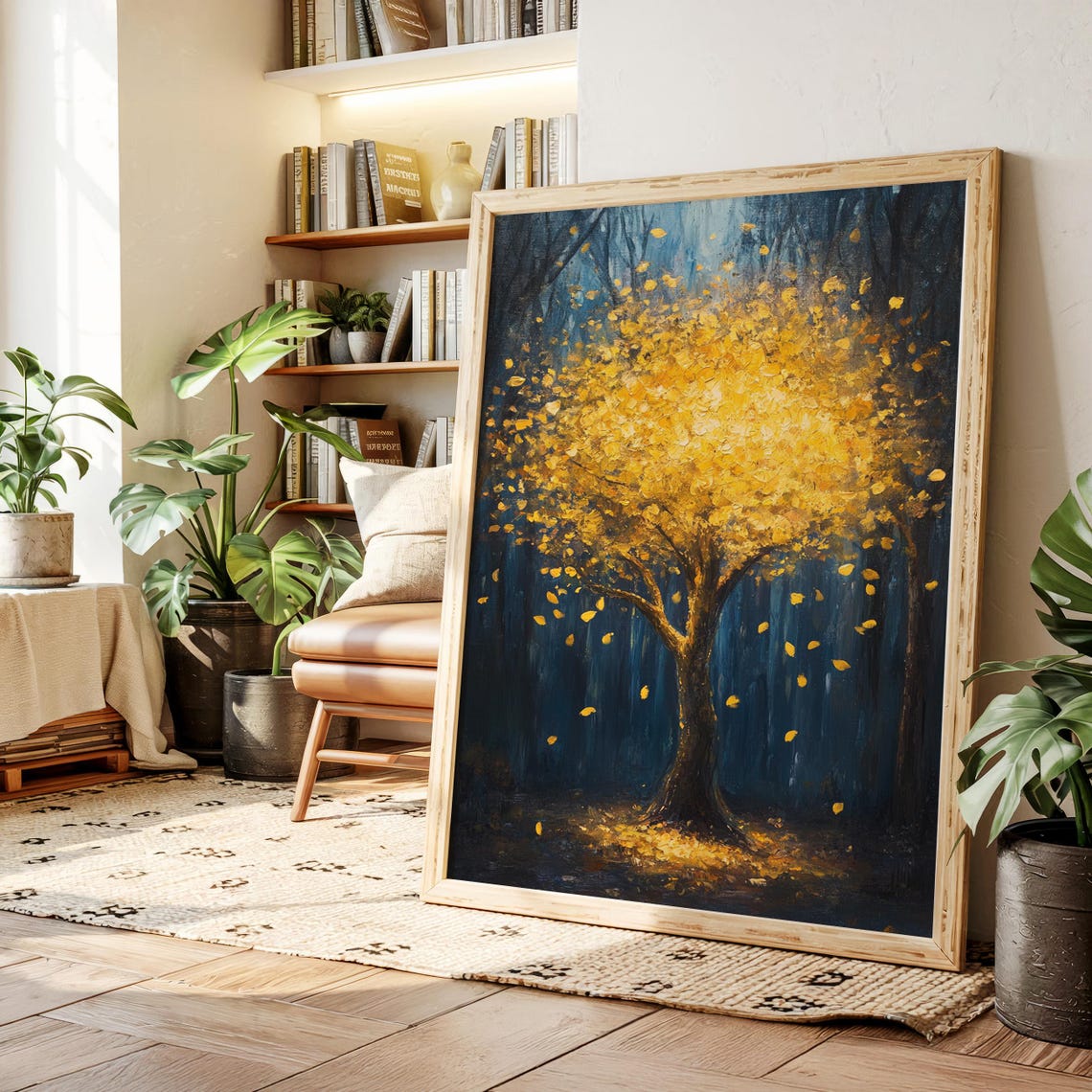 Glowing Golden Autumn Tree Dark Forest Oil Painting Fall Poster